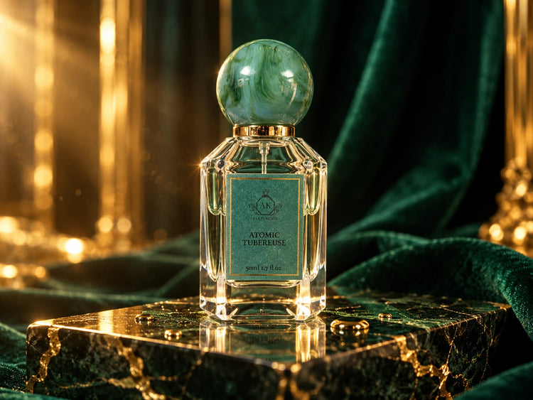 Collection Extrait de parfum – Atomic Tubéreuse A&K sur marbre vert et or