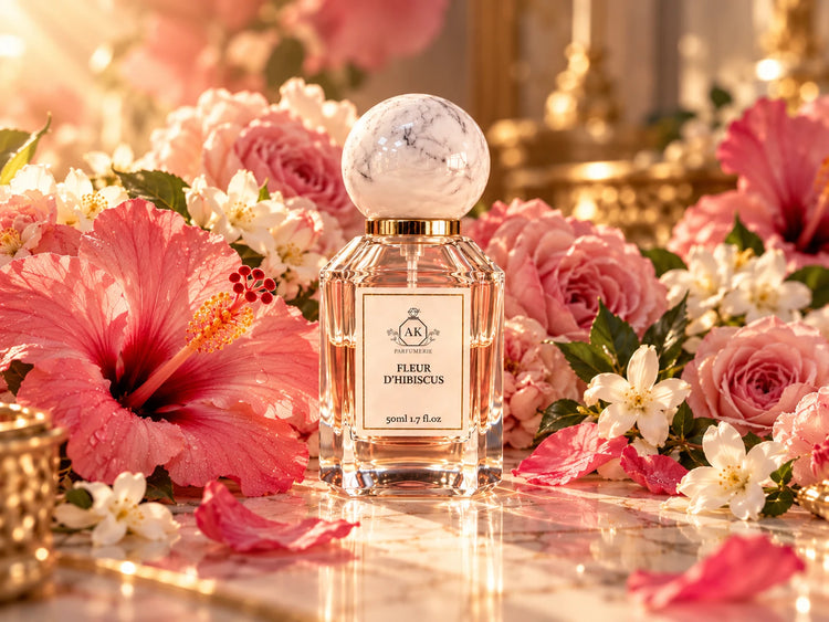 Collection Florale – parfum A&K Fleur d'Hibiscus entouré d'hibiscus, roses et jasmin